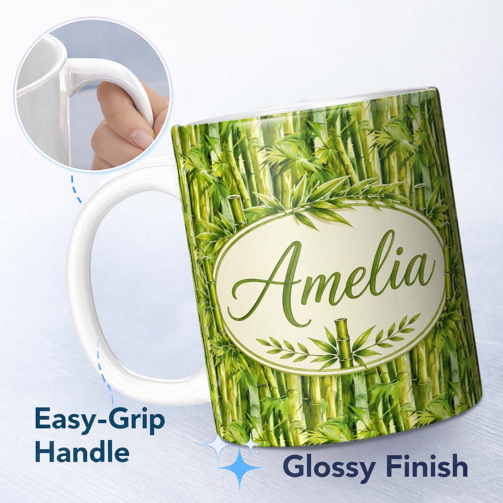 Personalized Custom Name Vibrant Green Bamboo Leaves Dense Jungle Style Seamless Pattern 11oz Ceramic Coffee Tea Mug White Large Handle