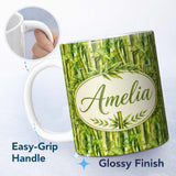 Personalized Custom Name Vibrant Green Bamboo Leaves Dense Jungle Style Seamless Pattern 11oz Ceramic Coffee Tea Mug White Large Handle