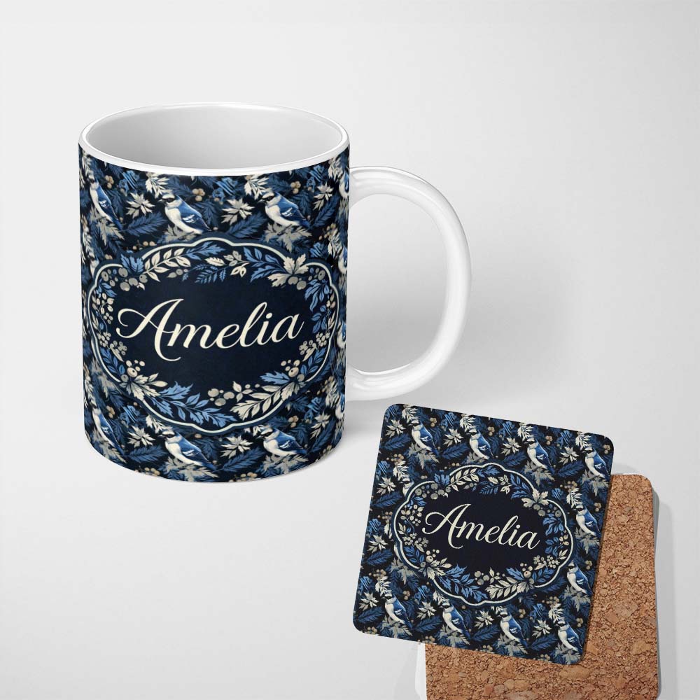 Personalized Custom Name Blue Jay Bird Dark Botanical Leaves Berry Seamless Pattern Lovely 11oz Ceramic Coffee Tea Mug White Large Handle