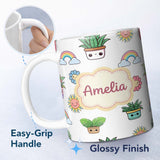 Personalized Custom Name Cute Kawaii Rainbow Sun Flowers Plant Pots Seamless Pattern Grey 11oz Ceramic Coffee Tea Mug White Large Handle
