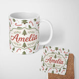 Personalized Custom Name Festive Christmas Trees with Candy Canes and Dots Seamless Pattern 11oz Ceramic Coffee Tea Mug White Large Handle