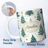 Personalized Custom Name Winter Snowy Christmas Trees with Golden Stars Seamless Pattern 11oz Ceramic Coffee Tea Mug White Large Handle