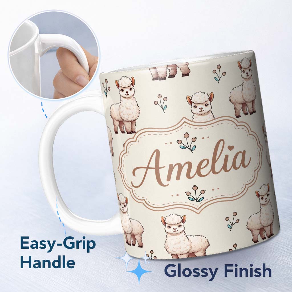 Personalized Custom Name Cute Alpaca Llama Pattern with Floral Sprigs on Cream Background 11oz Ceramic Coffee Tea Mug White Large Handle