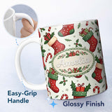 Personalized Custom Name Cute Christmas Stocking Gifts Candy Cane Holly Seamless Pattern 11oz Ceramic Coffee Tea Mug White Large Handle