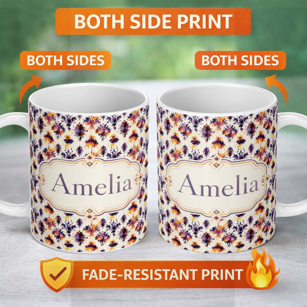 Personalized Custom Name Abstract Watercolor Ink Blot Artistic Splash Seamless Pattern Lovely 11oz Ceramic Coffee Tea Mug White Large Handle