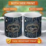 Personalized Custom Name Mystical Forest Trees Moon Starry Night Seamless Pattern Lovely 11oz Ceramic Coffee Tea Mug White Large Handle
