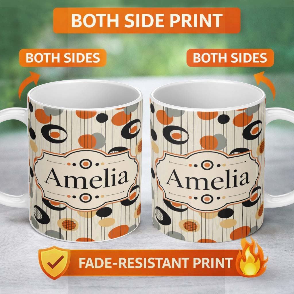 Personalized Custom Name Abstract Black Orange Mid Century Atomic Shapes Seamless Pattern 11oz Ceramic Coffee Tea Mug White Large Handle