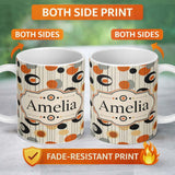 Personalized Custom Name Abstract Black Orange Mid Century Atomic Shapes Seamless Pattern 11oz Ceramic Coffee Tea Mug White Large Handle