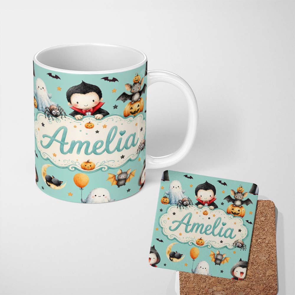 Personalized Custom Name Cute Halloween Dracula Ghost Bats on Mint Green Background Seamless 11oz Ceramic Coffee Tea Mug White Large Handle