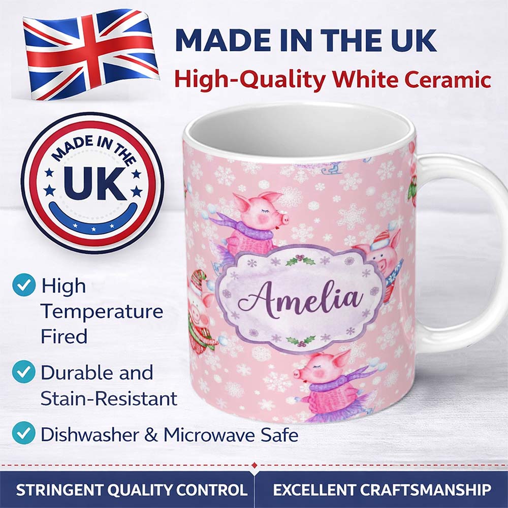Personalized Custom Name Cute Winter Pig Ice Skating Snowflake Seamless Pattern Lovely 11oz Ceramic Coffee Tea Mug White Large Handle