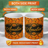 Personalized Custom Name Dense Chrysanthemum Floral Pattern in Orange and Cream on Black 11oz Ceramic Coffee Tea Mug White Large Handle