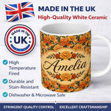Personalized Custom Name Vintage Orange Marigold Floral Seamless Pattern on Beige Background 11oz Ceramic Coffee Tea Mug White Large Handle