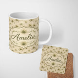 Personalized Custom Name Minimal Beige Air Plant Botanical Seamless Pattern Design Lovely 11oz Ceramic Coffee Tea Mug White Large Handle