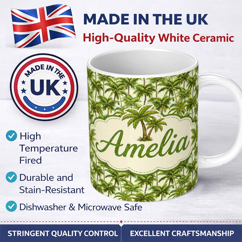 Personalized Custom Name Tropical Palm Tree Summer Beach Seamless Pattern on Cream Background 11oz Ceramic Coffee Tea Mug White Large Handle