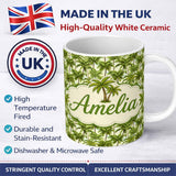 Personalized Custom Name Tropical Palm Tree Summer Beach Seamless Pattern on Cream Background 11oz Ceramic Coffee Tea Mug White Large Handle