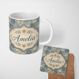 Personalized Custom Name Vintage Floral Blue Background Botanical Leaves Seamless Pattern 11oz Ceramic Coffee Tea Mug White Large Handle