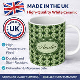 Personalized Custom Name Dark Green Leaf Wave Seamless Pattern with Organic Flowing Shapes 11oz Ceramic Coffee Tea Mug White Large Handle