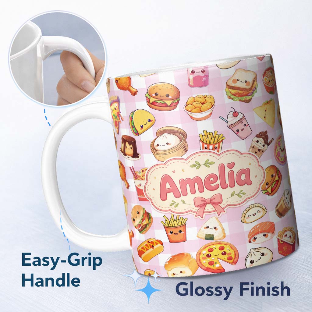 Personalized Custom Name Kawaii Fast Food Burger Sushi Taco Pizza Pink Gingham Seamless 11oz Ceramic Coffee Tea Mug White Large Handle