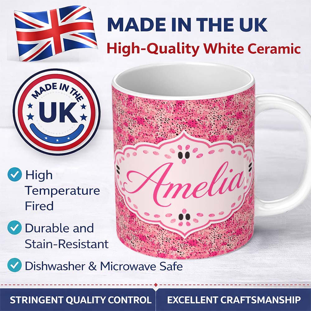 Personalized Custom Name Pink Abstract Speckled Brushstroke Texture Seamless Pattern Lovely 11oz Ceramic Coffee Tea Mug White Large Handle