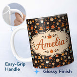 Personalized Custom Name Cute Coffee Cups with Leaves and Steam Cozy Seamless Pattern Lovely 11oz Ceramic Coffee Tea Mug White Large Handle