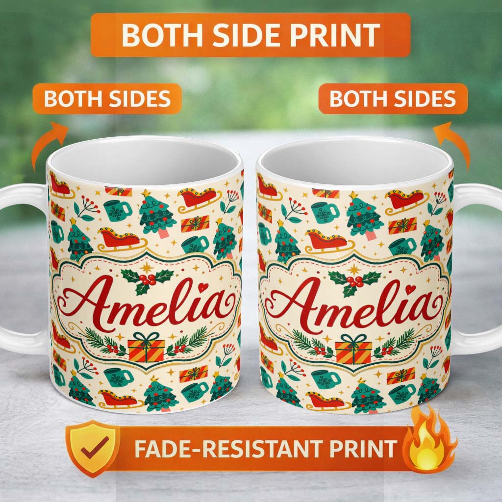 Personalized Custom Name Modern Christmas Trees Sleigh Gifts Festive Seamless Pattern Lovely 11oz Ceramic Coffee Tea Mug White Large Handle