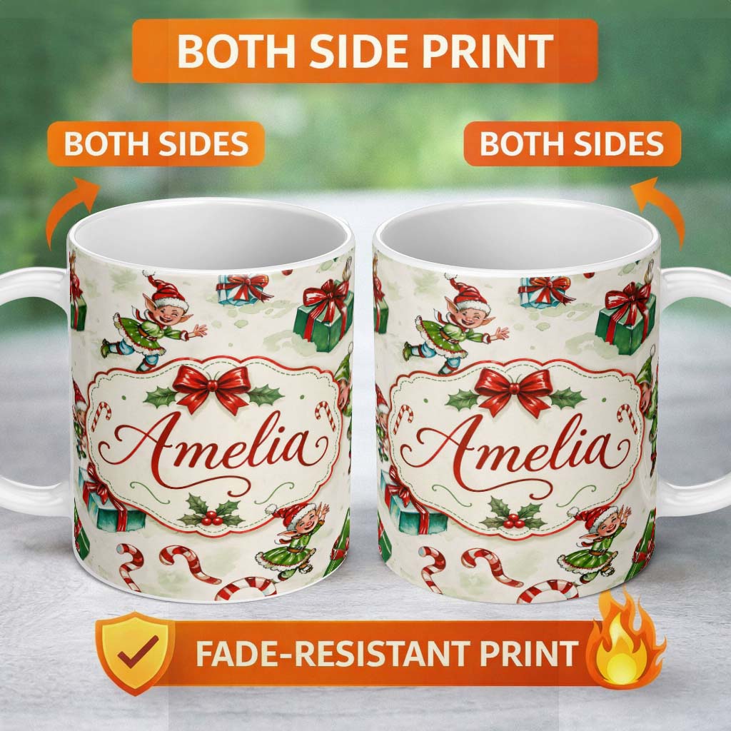Personalized Custom Name Cute Christmas Elf Gift Candy Cane Festive Seamless Pattern Lovely 11oz Ceramic Coffee Tea Mug White Large Handle