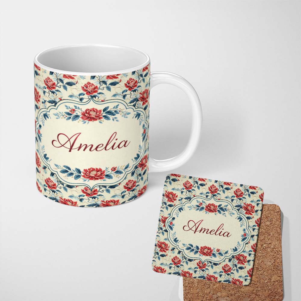 Personalized Custom Name Oriental Inspired Red Blossom Floral Cream Background Decorative 11oz Ceramic Coffee Tea Mug White Large Handle