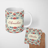 Personalized Custom Name Oriental Inspired Red Blossom Floral Cream Background Decorative 11oz Ceramic Coffee Tea Mug White Large Handle