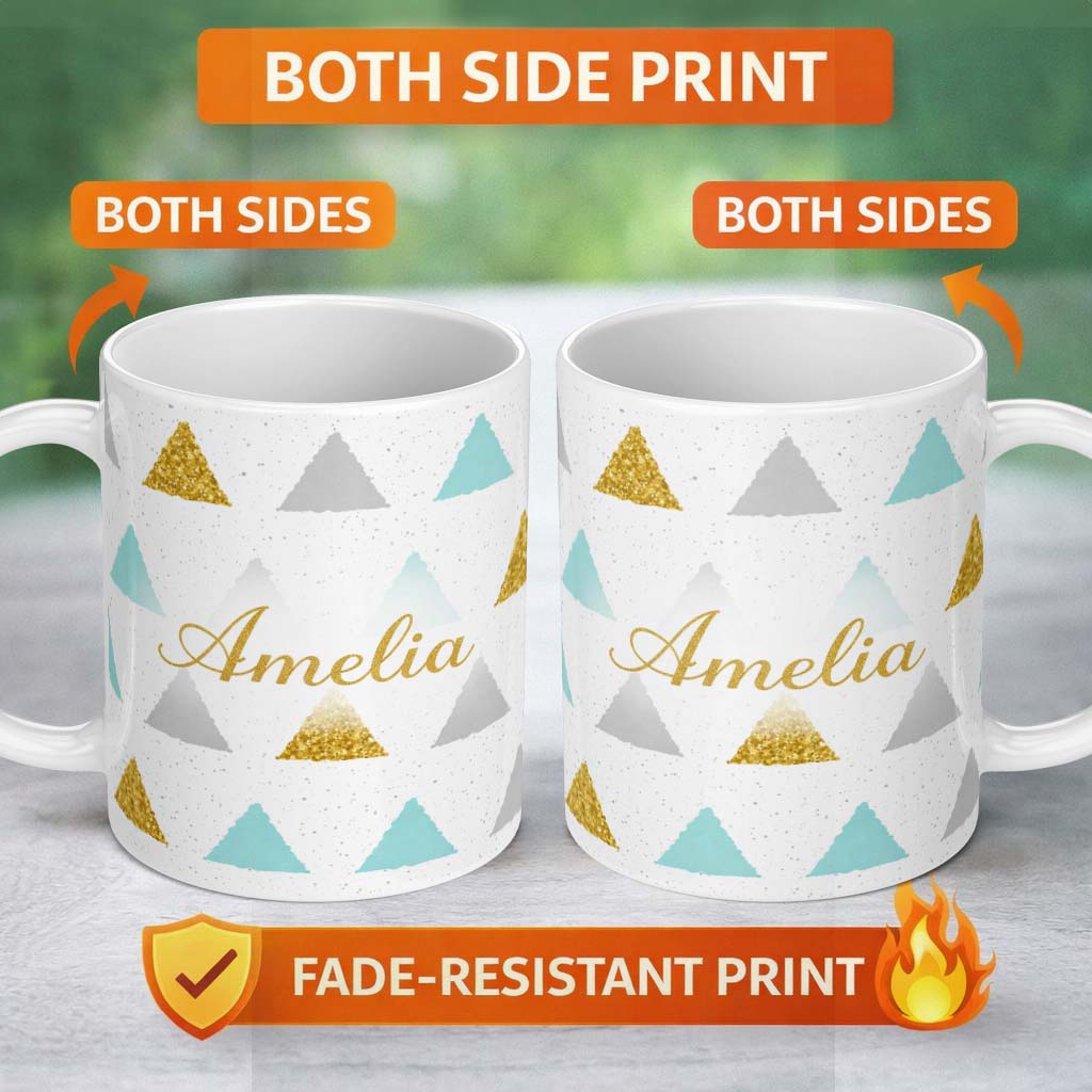 Personalized Custom Name Glitter Triangle Geometric Pattern Grey Background Seamless Lovely 11oz Ceramic Coffee Tea Mug White Large Handle