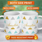 Personalized Custom Name Glitter Triangle Geometric Pattern Grey Background Seamless Lovely 11oz Ceramic Coffee Tea Mug White Large Handle