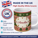 Personalized Custom Name Scandinavian Deer Gift Snowflake Knit Green Pink Christmas Festive 11oz Ceramic Coffee Tea Mug White Large Handle