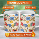 Personalized Custom Name Cute Musical Instruments Notes Cartoon Fun Seamless Pattern Lovely 11oz Ceramic Coffee Tea Mug White Large Handle