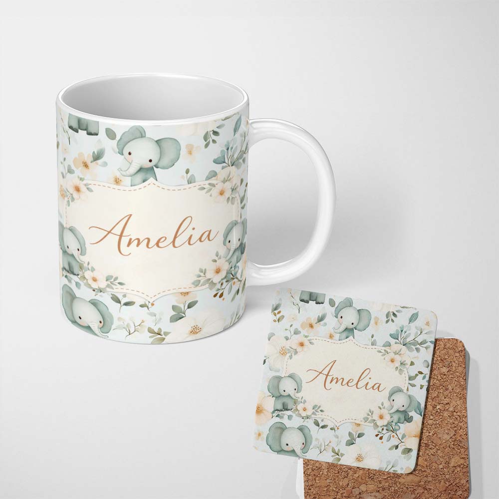 Personalized Custom Name Cute Baby Elephant Floral Watercolor Pattern Pastel Nursery Design 11oz Ceramic Coffee Tea Mug White Large Handle
