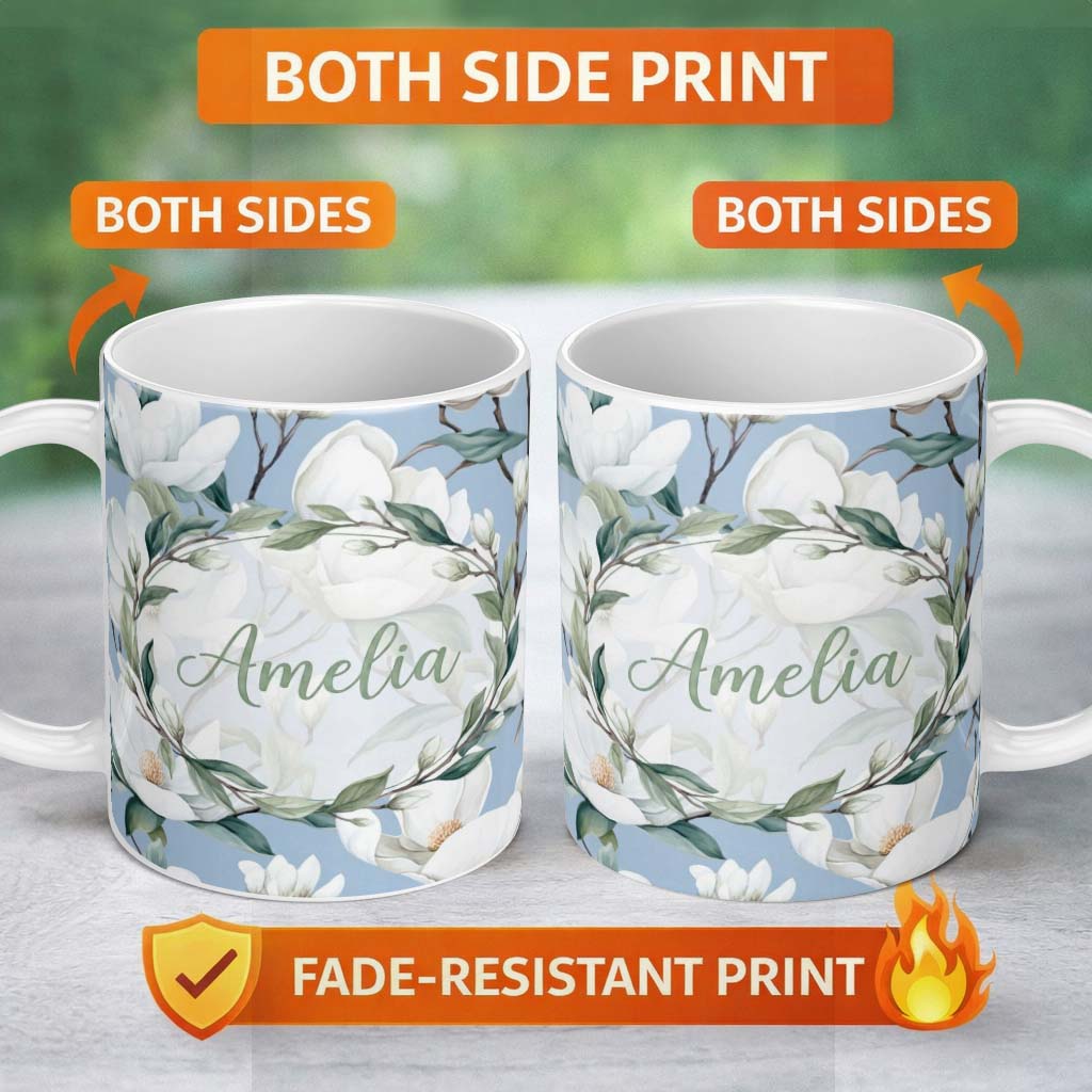Personalized Custom Name Soft White Magnolia Blossoms on Blue Background Seamless Pattern 11oz Ceramic Coffee Tea Mug White Large Handle