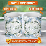 Personalized Custom Name Soft White Magnolia Blossoms on Blue Background Seamless Pattern 11oz Ceramic Coffee Tea Mug White Large Handle