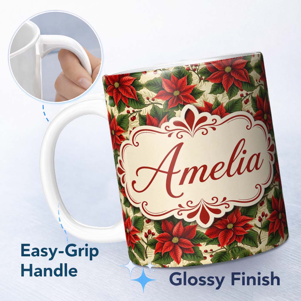 Personalized Custom Name Traditional Poinsettia Holly Berry Christmas Botanical Seamless 11oz Ceramic Coffee Tea Mug White Large Handle