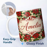 Personalized Custom Name Traditional Poinsettia Holly Berry Christmas Botanical Seamless 11oz Ceramic Coffee Tea Mug White Large Handle