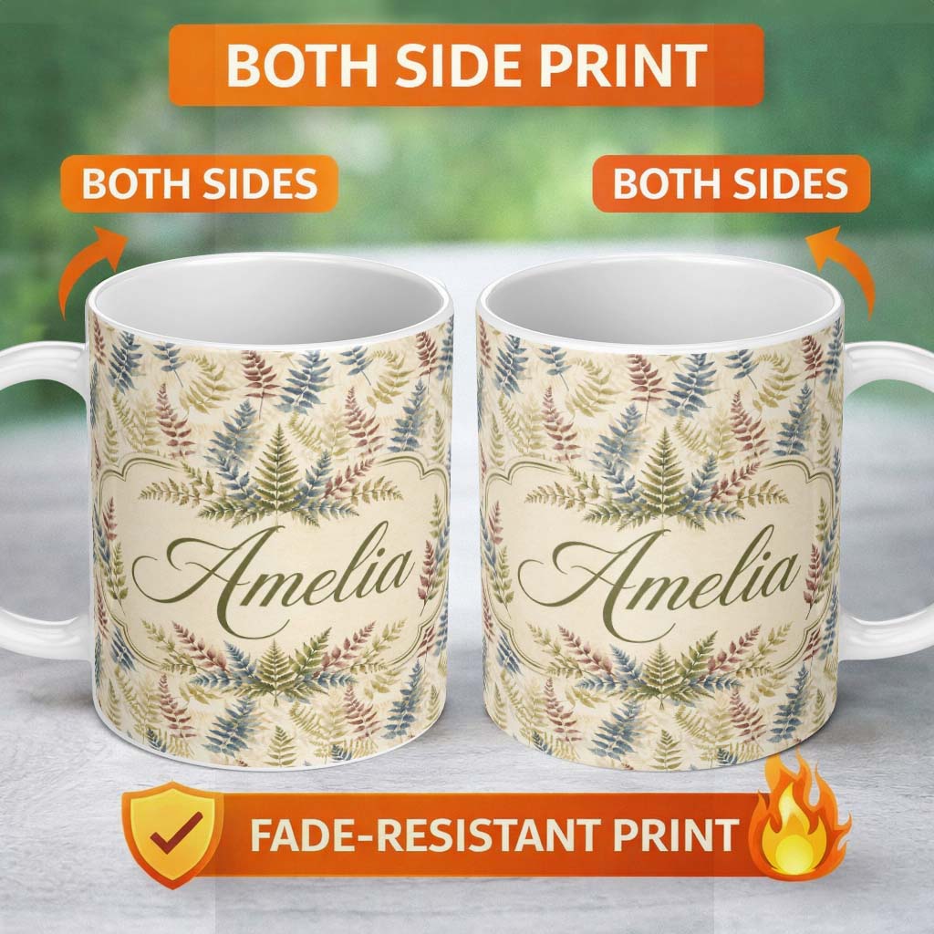 Personalized Custom Name Muted Multicolour Fern Leaves Watercolor Botanical Pattern Lovely 11oz Ceramic Coffee Tea Mug White Large Handle