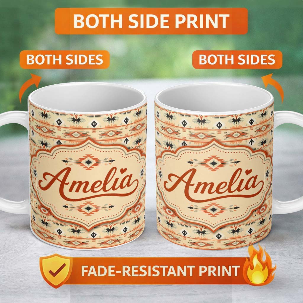 Personalized Custom Name Southwestern Tribal Stripe Pattern in Terracotta Black and Sand 11oz Ceramic Coffee Tea Mug White Large Handle