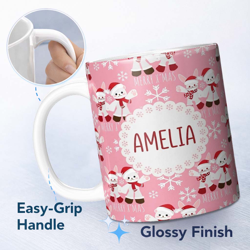Personalized Custom Name Cute Bunny Bear Merry Xmas Winter Seamless Pattern Cute Unique Gift 11oz Ceramic Coffee Tea Mug White Large Handle