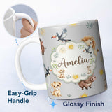 Personalized Custom Name Jungle Animals Lion Meerkat Toucan Boar on Grey Seamless Pattern 11oz Ceramic Coffee Tea Mug White Large Handle