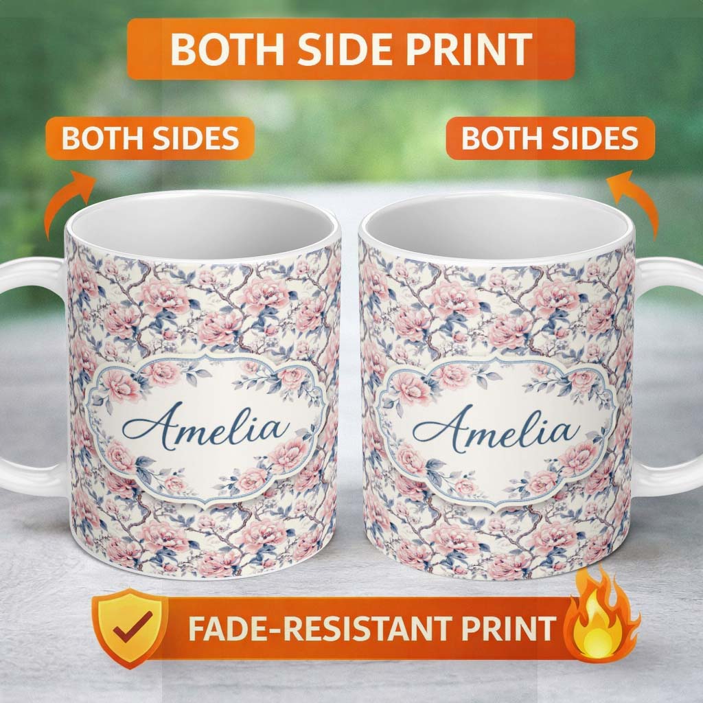 Personalized Custom Name Vintage Pink Peony Floral Branch Seamless Pattern Cute Unique Gift 11oz Ceramic Coffee Tea Mug White Large Handle