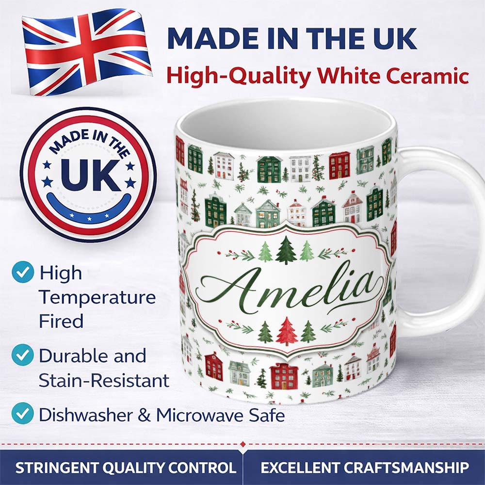 Personalized Custom Name Watercolor Holiday Village Houses Snowy Christmas Town Seamless 11oz Ceramic Coffee Tea Mug White Large Handle