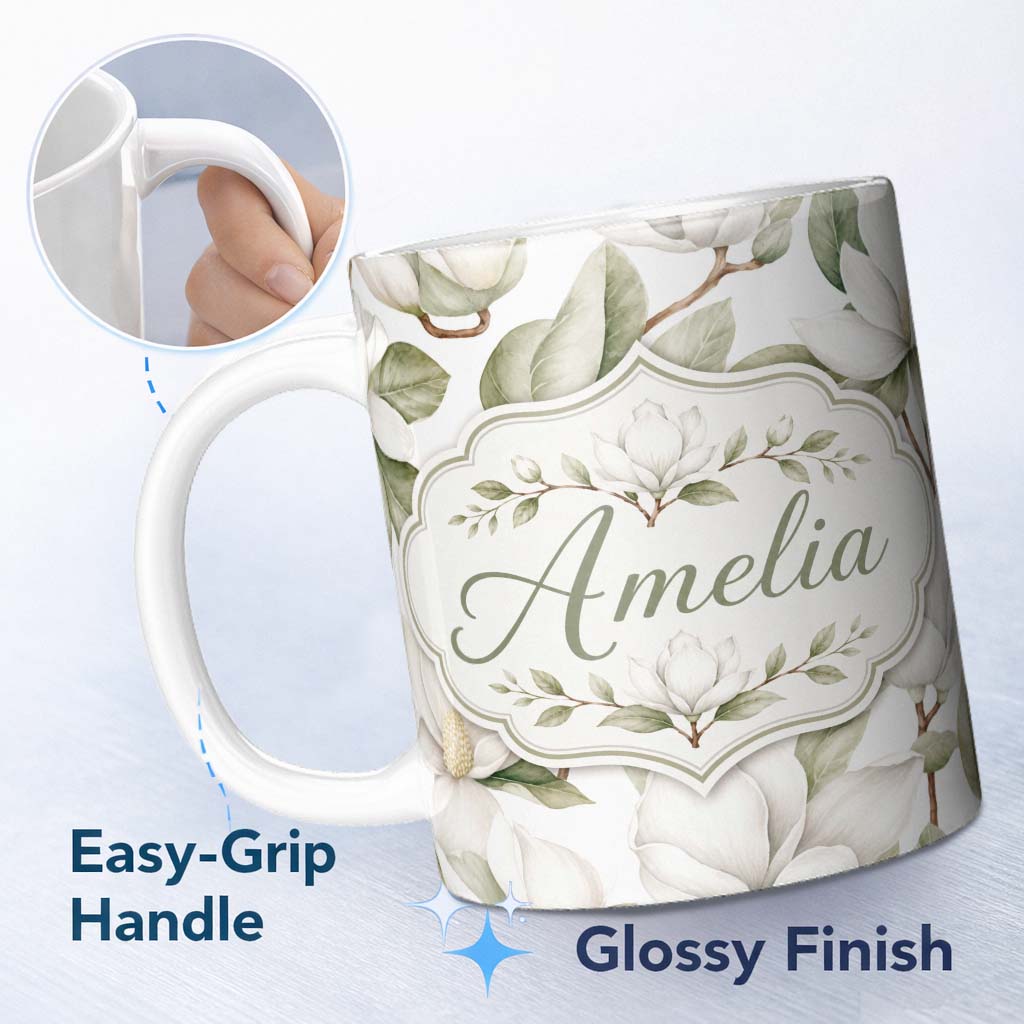 Personalized Custom Name Delicate Magnolia Bloom Pattern with Soft Botanical Leaves Seamless 11oz Ceramic Coffee Tea Mug White Large Handle