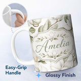 Personalized Custom Name Delicate Magnolia Bloom Pattern with Soft Botanical Leaves Seamless 11oz Ceramic Coffee Tea Mug White Large Handle