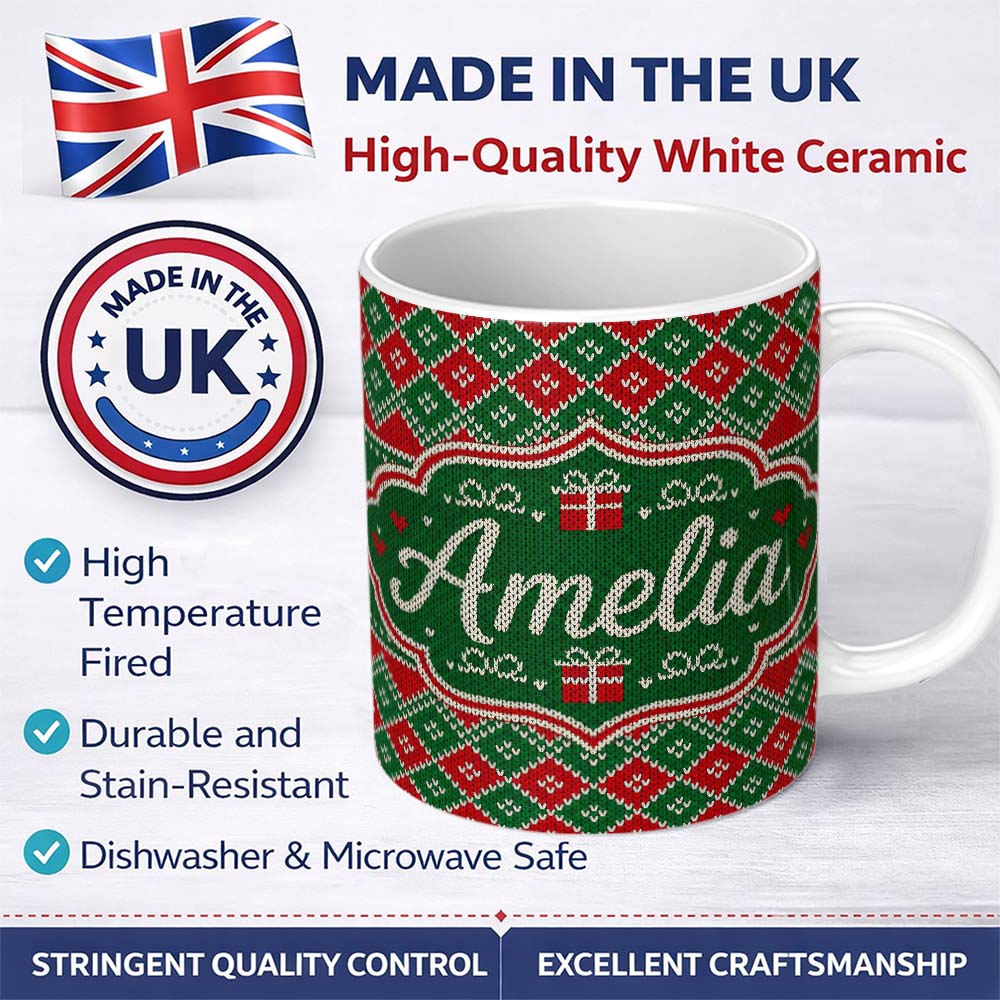 Personalized Custom Name Green Christmas Gift Box Knitted Fair Isle Seamless Pattern Lovely 11oz Ceramic Coffee Tea Mug White Large Handle