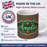 Personalized Custom Name Green Christmas Gift Box Knitted Fair Isle Seamless Pattern Lovely 11oz Ceramic Coffee Tea Mug White Large Handle