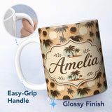 Personalized Custom Name Tropical Palm Trees and Abstract Sun Circles Neutral Beige Coastal 11oz Ceramic Coffee Tea Mug White Large Handle