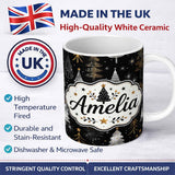 Personalized Custom Name Luxury Christmas Trees Black Gold Silver Glitter Stars Seamless 11oz Ceramic Coffee Tea Mug White Large Handle