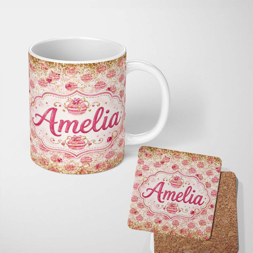 Personalized Custom Name Luxury Gold Pink Christmas Ornaments Glitter Seamless Pattern Lovely 11oz Ceramic Coffee Tea Mug White Large Handle